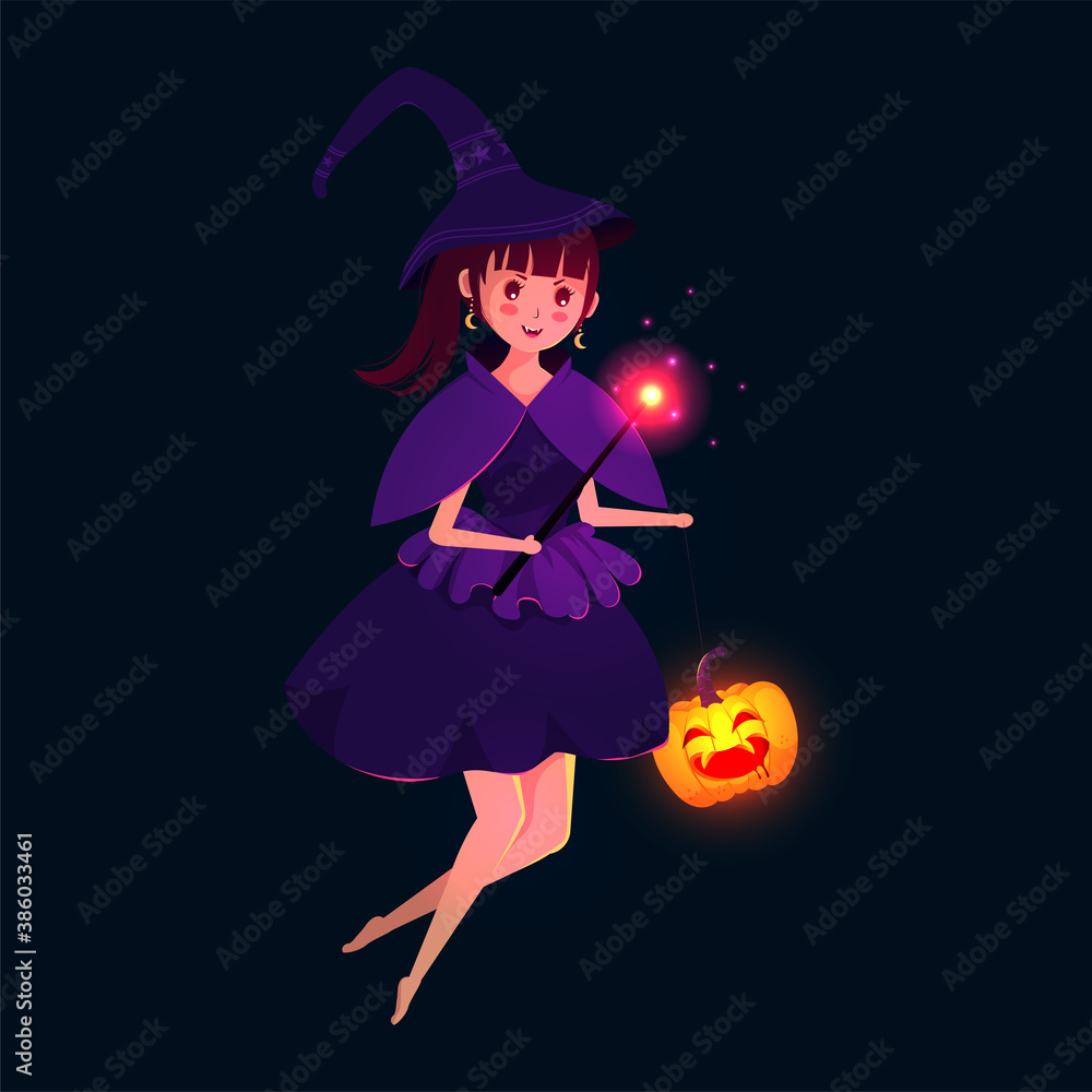 Illustration of a beautiful witch with scary pumpkin and her magic stick on dark background. Illustration of a beautiful witch with scary pumpkin and her magic stick on dark background.