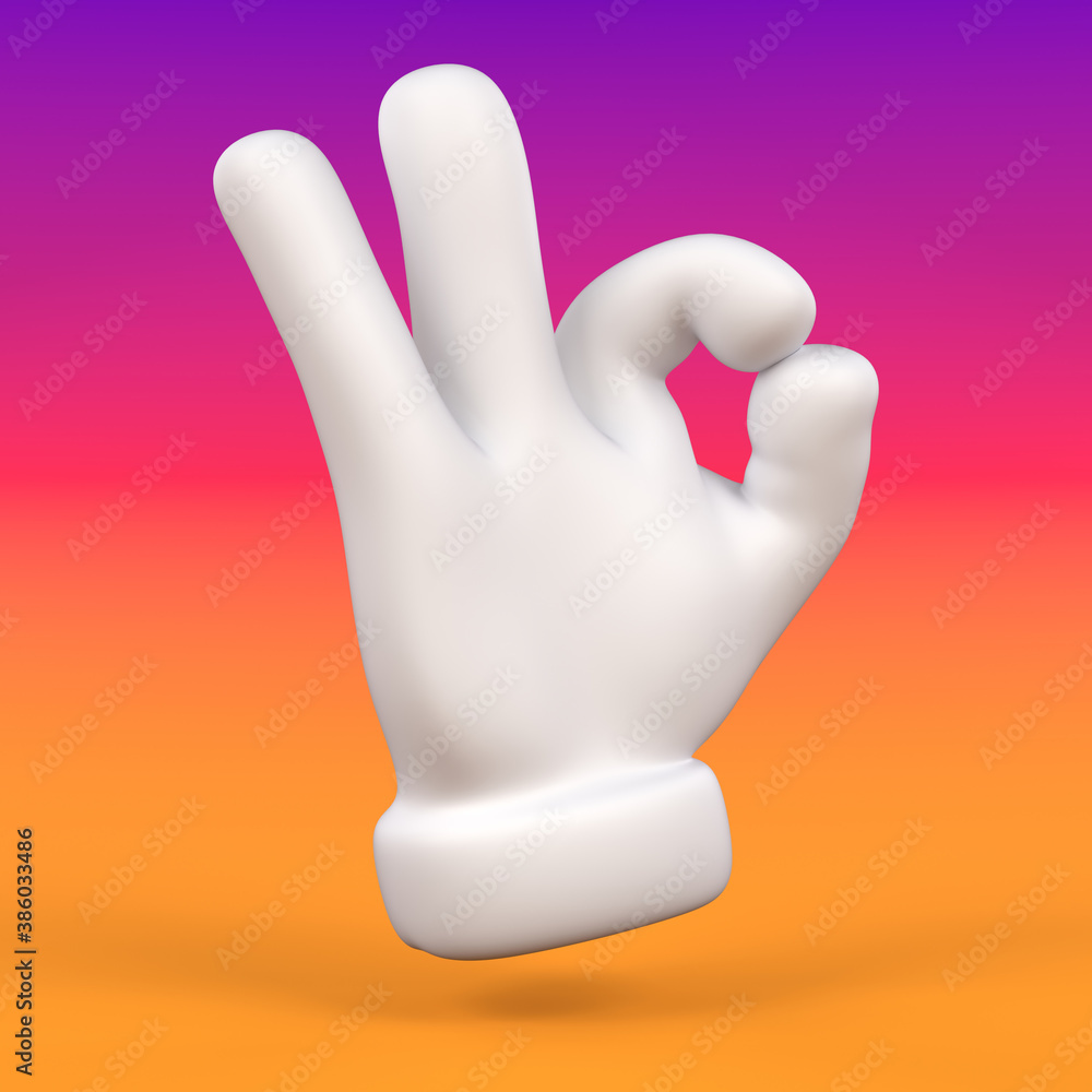 Cartoon ok gesture hand icon on color background. Zero sign. Isolated 3d render illustration Cartoon ok gesture hand icon on color background. Zero sign. Isolated 3d render illustration