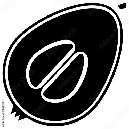 
A half cut piece of fruit with seeds, sapodilla
