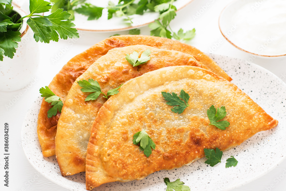 Homemade stuffed chebureks, white background Homemade stuffed chebureks, white background
