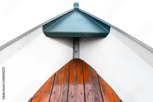 Valokuva The prow of a plastic boat viewed from the inside with a wooden floor, isolated on a white background with a clipping path