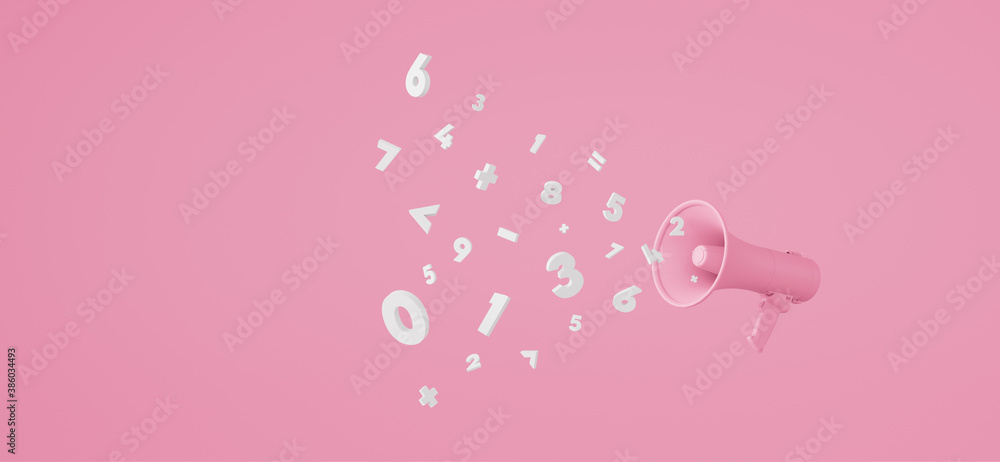 The numbers come out of the megaphone on pink background. mathematic concept 3d render 3d illustration
