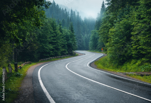 Road in foggy forest in rainy day in spring. Beautiful mountain curved roadway, trees with green foliage in fog and overcast sky. Landscape with empty asphalt road through woodland in summer. Travel