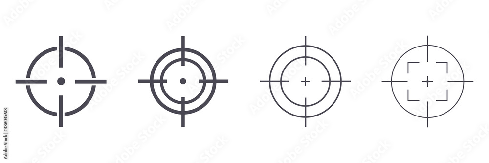 Target destination icon set. Aim sniper shoot group. Focus cursor bull eye mark collection. Vector isolated on white Target destination icon set. Aim sniper shoot group. Focus cursor bull eye mark collection. Vector isolated on white