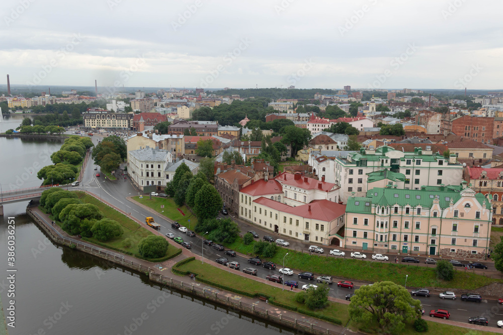 Panorama. Beautiful view of the old town and cozy colored houses. Vyborg, Russia 