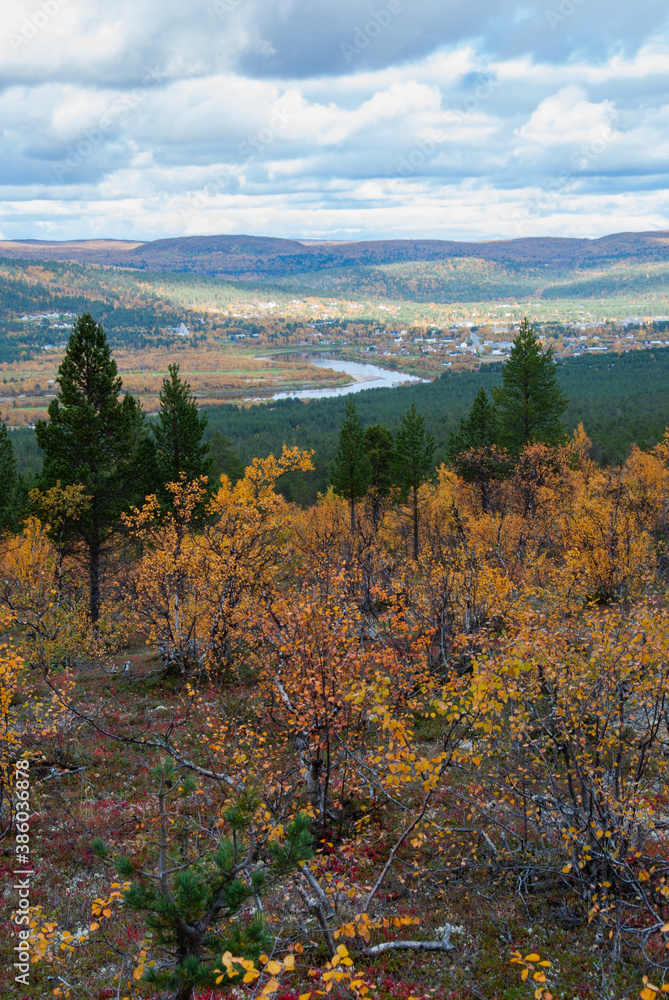 View of Tana river and Karasjok village from the top of Dakteroavvi mountain in Finnmark, Norway