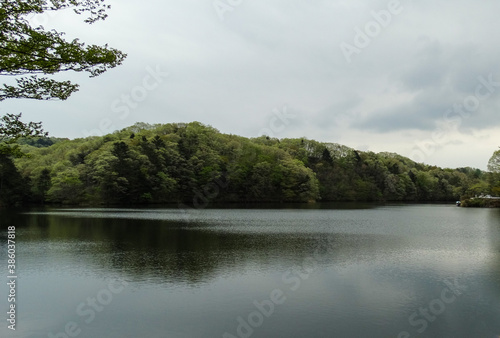 Quiet and beautiful Tsukiyama Pond with cloudy weather in Ayashi, Sendai city, Japan