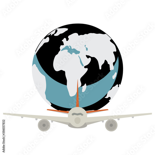 
Airplane flying with world globe in the background showcasing global logistics icon
