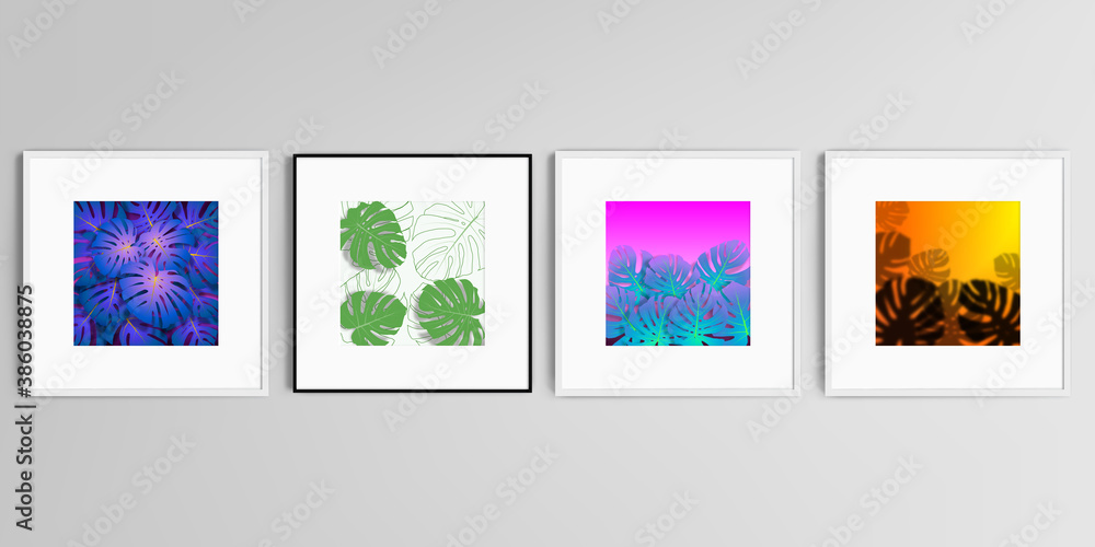 Realistic vector set of square picture frames isolated on gray background. Tropical palm leaves, shadow of tropical jungle leaves. Floral pattern backgrounds.