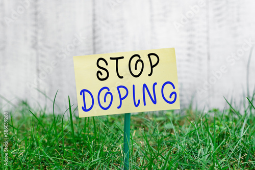 Word writing text Stop Doping. Business photo showcasing quit the use of banned athletic performanceenhancing drugs Plain empty paper attached to a stick and placed in the green grassy land photo