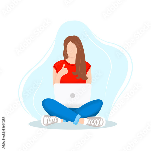 Happy woman sitting on yoga lotos pose with laptop and giving thumbs up. Vector illustration.