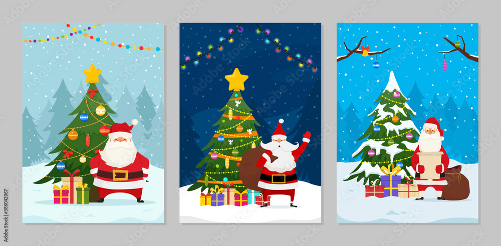 Christmas cards with Santa Claus and decorated Christmas trees. Santa with gift bag. Vector illustration for holiday xmas and new year. Christmas cards with Santa Claus and decorated Christmas trees. Santa with gift bag. Vector illustration for holiday xmas and new year.