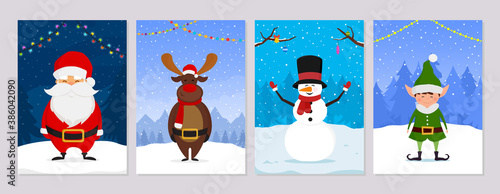 Collection of Christmas greeting cards and banners with winter cartoon characters. Santa Claus, the Christmas elf, Reindeer and Snowman.