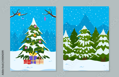 Greeting cards with christmas tree with gifts and decoration on winter landscape. Holiday Christmas and New Year vector illustration.
