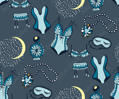 Vector ornamental hand drawing woman lingerie decorative background. Romantic seamless pattern ornament. Vector pattern. Print for textile, cloth, wallpaper, packaging