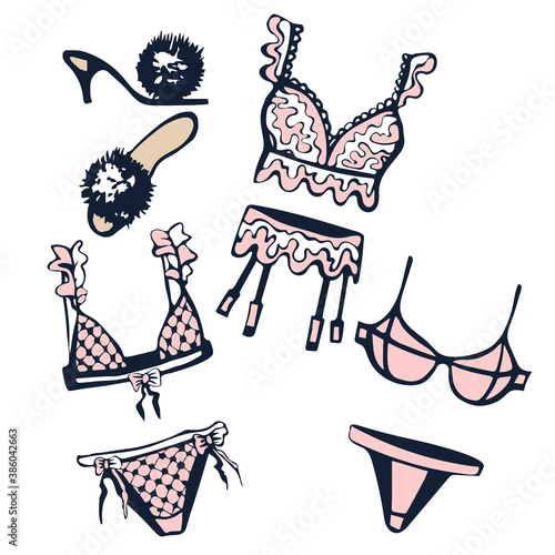 Vector ornamental hand drawing woman lingerie decorative background. Romantic square print for textile, cloth, scrapbooking