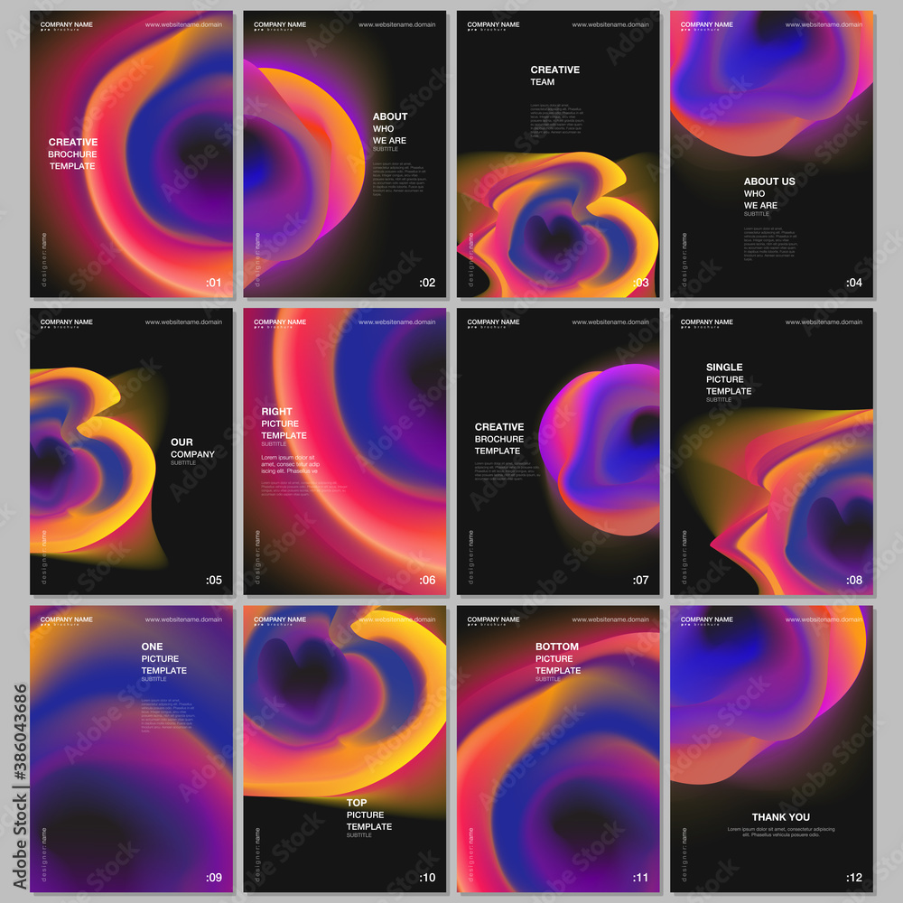 Naklejka premium A4 brochure layout of covers design templates for flyer leaflet, A4 brochure design, report, presentation, magazine cover, book design. Colorful gradient fluid backgrounds with dynamic liquid forms.