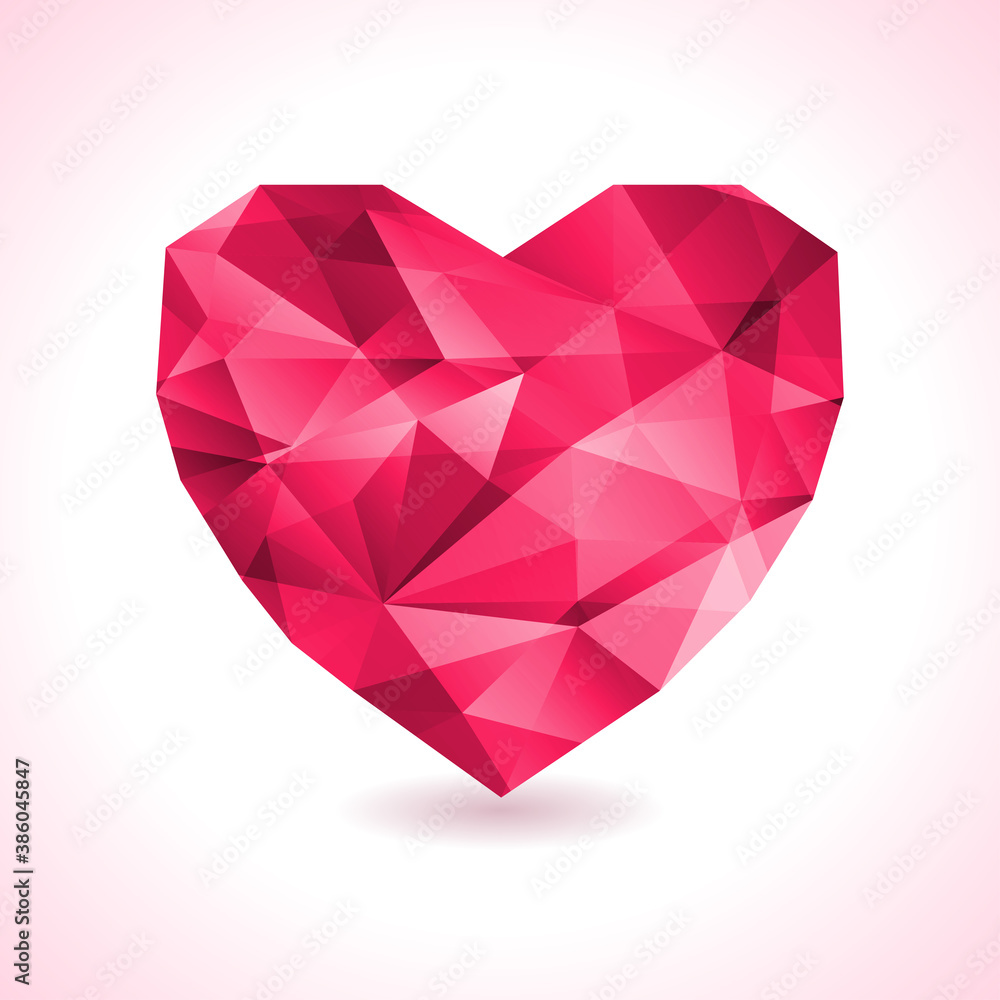 Pink origami heart on white backdrop with shadow. Vector Illustration. Abstract polygonal heart. Love symbol. Low-poly colorful style. Romantic background for Valentines day. Pink origami heart on white backdrop with shadow. Vector Illustration. Abstract polygonal heart. Love symbol. Low-poly colorful style. Romantic background for Valentines day.