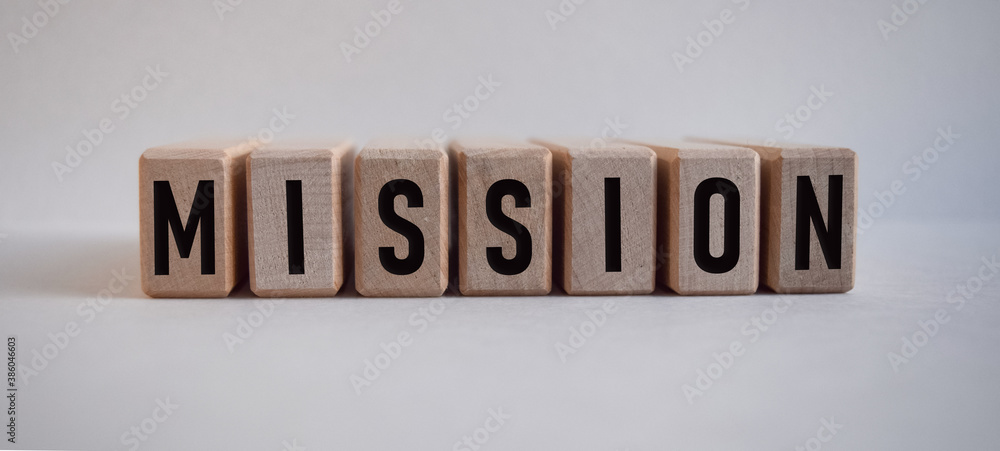 word MISSION, inscription on wooden cubes on white background word MISSION, inscription on wooden cubes on white background