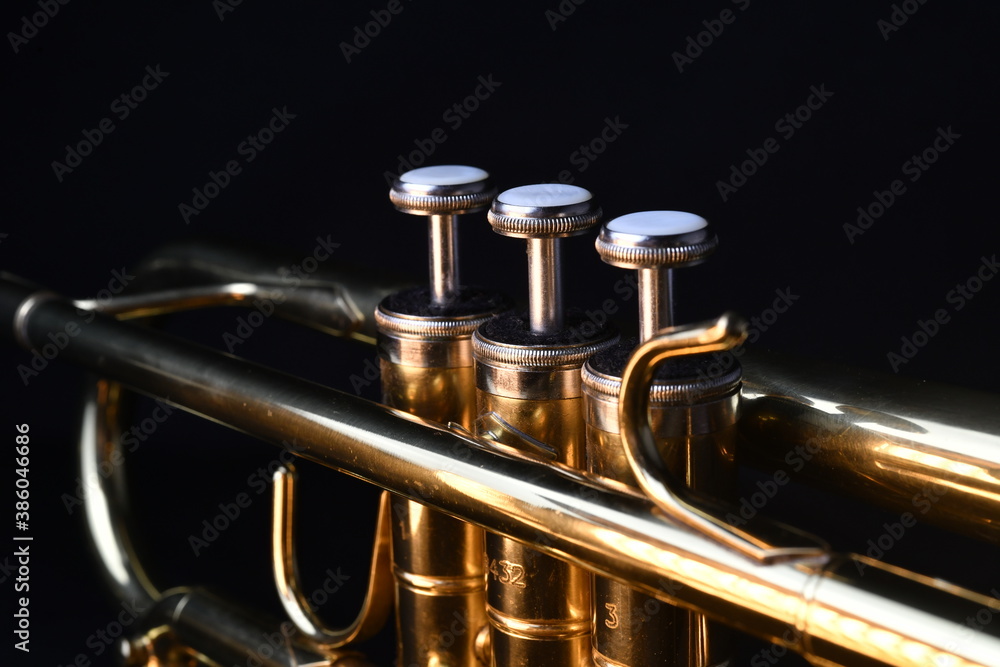 Obraz premium Brass instruments, golden trumpet in the dark