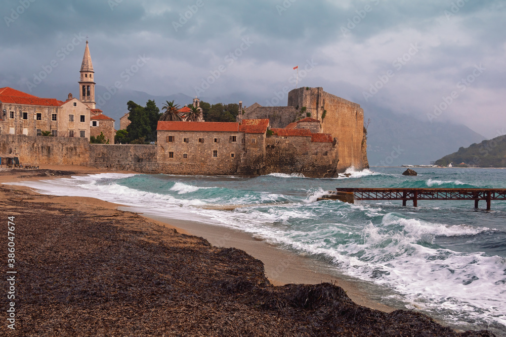 Beautiful Mediterranean landscape on windy autumn day.  Montenegro, view of Old Town of Budva