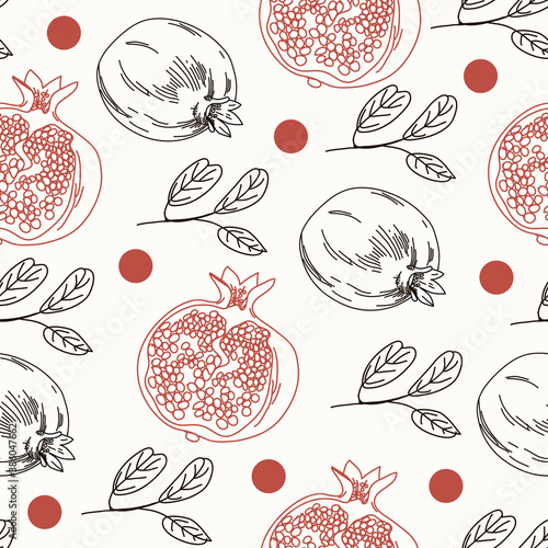 Garnet fruit hand drawn seamless pattern. Vector illustration. Pomegranate background.