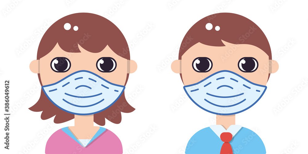 Girl and boy or woman and man wearing face medical protective mask isolated flat vector icons, COVID-19 coronavirus pandemic prevention avatars illustration.