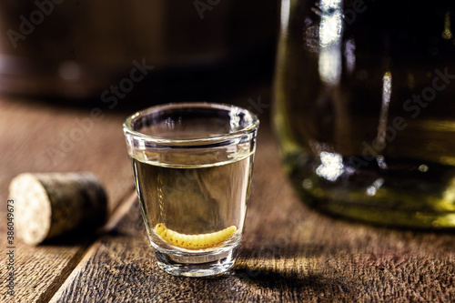 Fotografie Mezcal (or mescal) is commonly known as Mexican tequila with larva, with larvae of the gusano insect at the bottom of the bottle