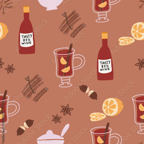 Seamless pattern with mulled wine  cinnamon  sugar  nutmeg  cloves and orange. Flat design