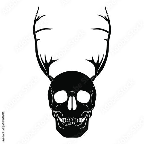 Human skull with deer antlers. Creative concept. Black and white silhouette.