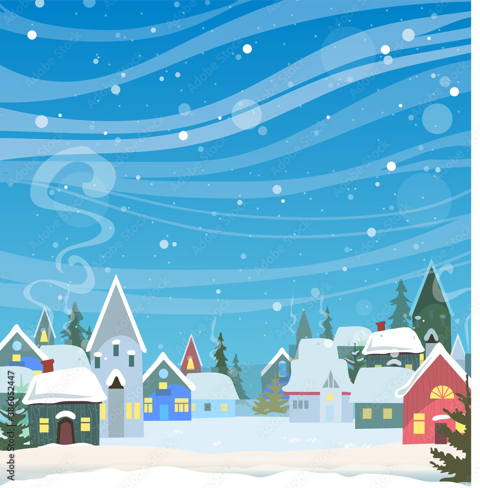 Winter background with cute little houses. Vector illustration