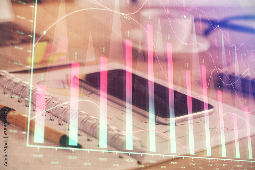 Double exposure of forex chart drawing and cell phone background. Concept of financial data analysis Double exposure of forex chart drawing and cell phone background. Concept of financial data analysis
