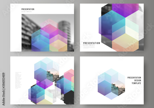 Vector layout of the presentation slides design business templates, multipurpose template with colorful hexagons, geometric shapes, tech background for presentation brochure, brochure cover, report.