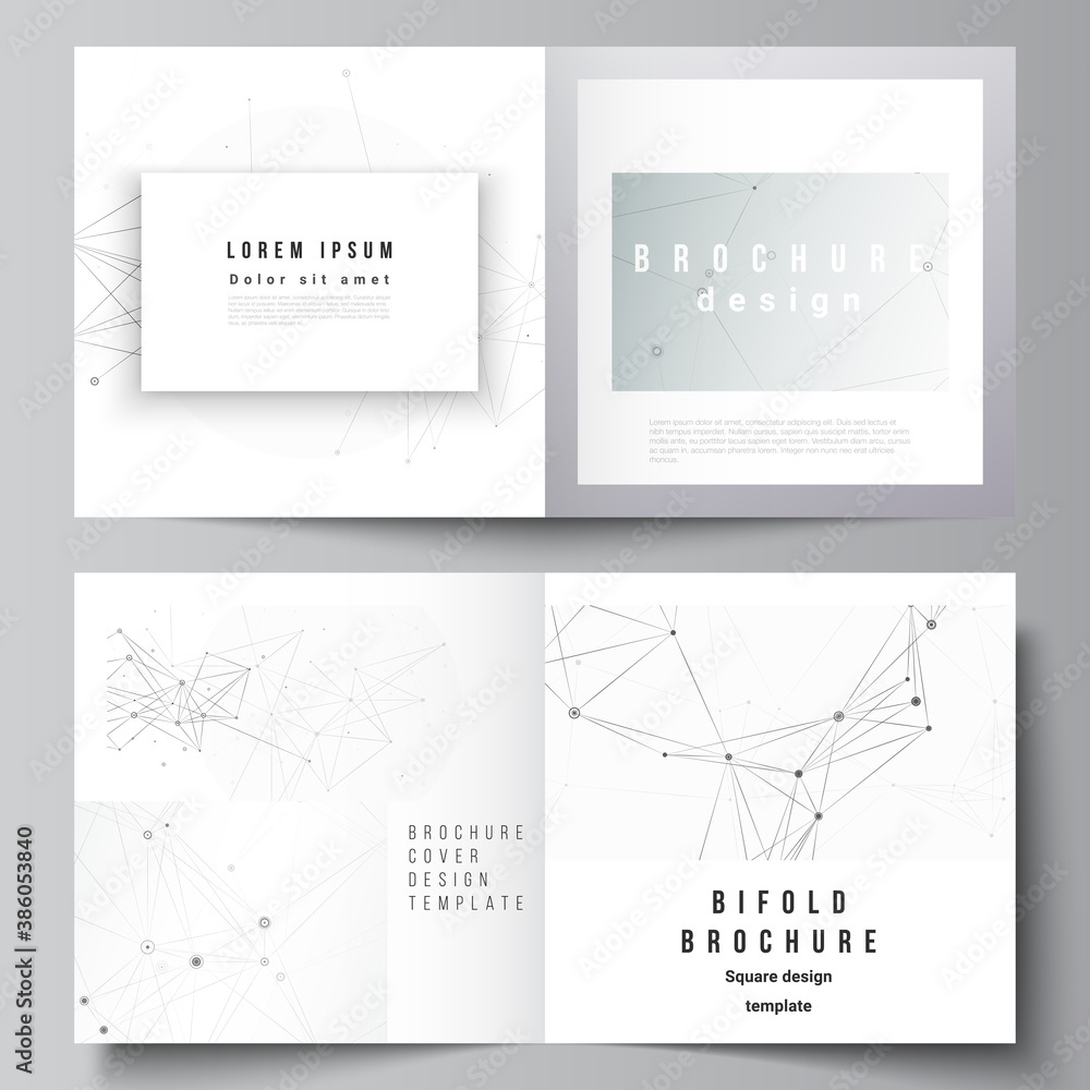 Vector layout of two covers templates for square bifold brochure, flyer, magazine, cover design, book design, brochure cover. Gray technology background with connecting lines and dots. Network concept Vector layout of two covers templates for square bifold brochure, flyer, magazine, cover design, book design, brochure cover. Gray technology background with connecting lines and dots. Network concept