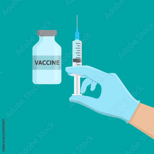 vaccine bottle and hand holding syringe, injection flat design vector illustration