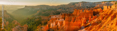 Red-pink-orange rock formation, Bryce canyon sunrise, panorama