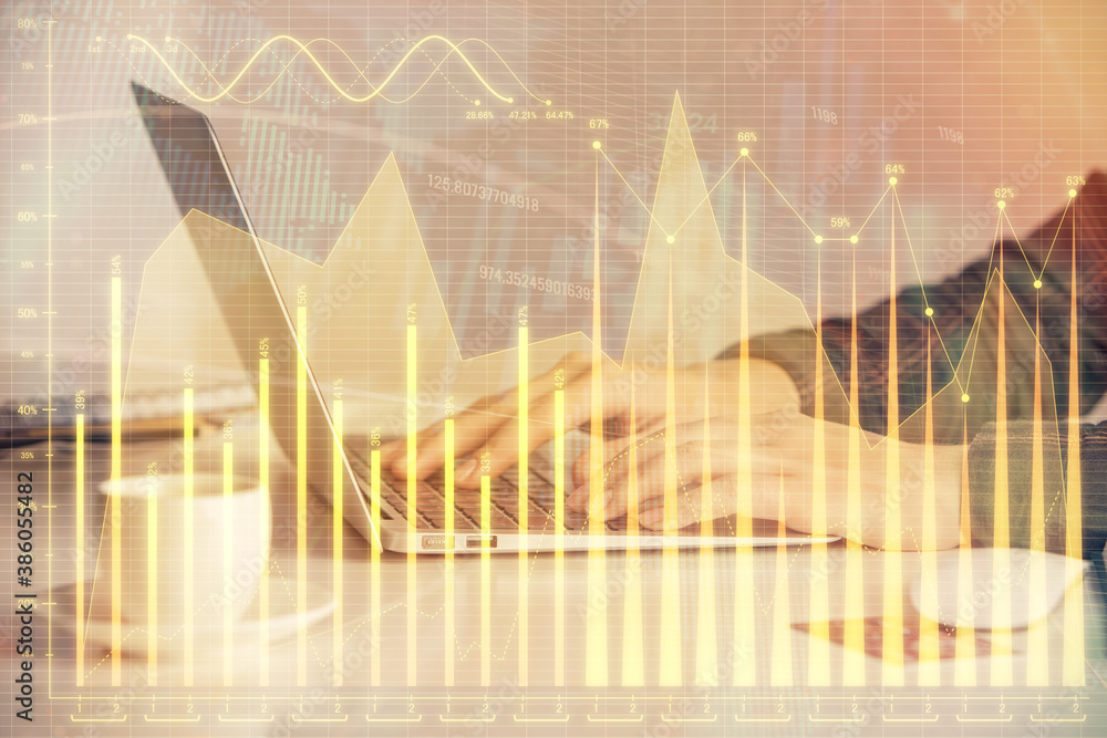 Double exposure of businesswoman hands typing on computer and forex graph hologram drawing. Financial analysis concept. Double exposure of businesswoman hands typing on computer and forex graph hologram drawing. Financial analysis concept.
