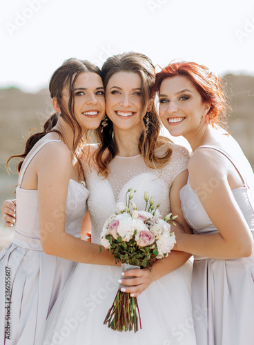 Cuadro en lienzo Beautiful bride with girlfriends on the background of a sand quarry