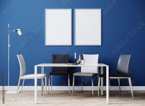 Black vertical poster frame mock up in dinning room modern interior with luxury white and black chairs and table with wooden floor and blue wall  3d rendering