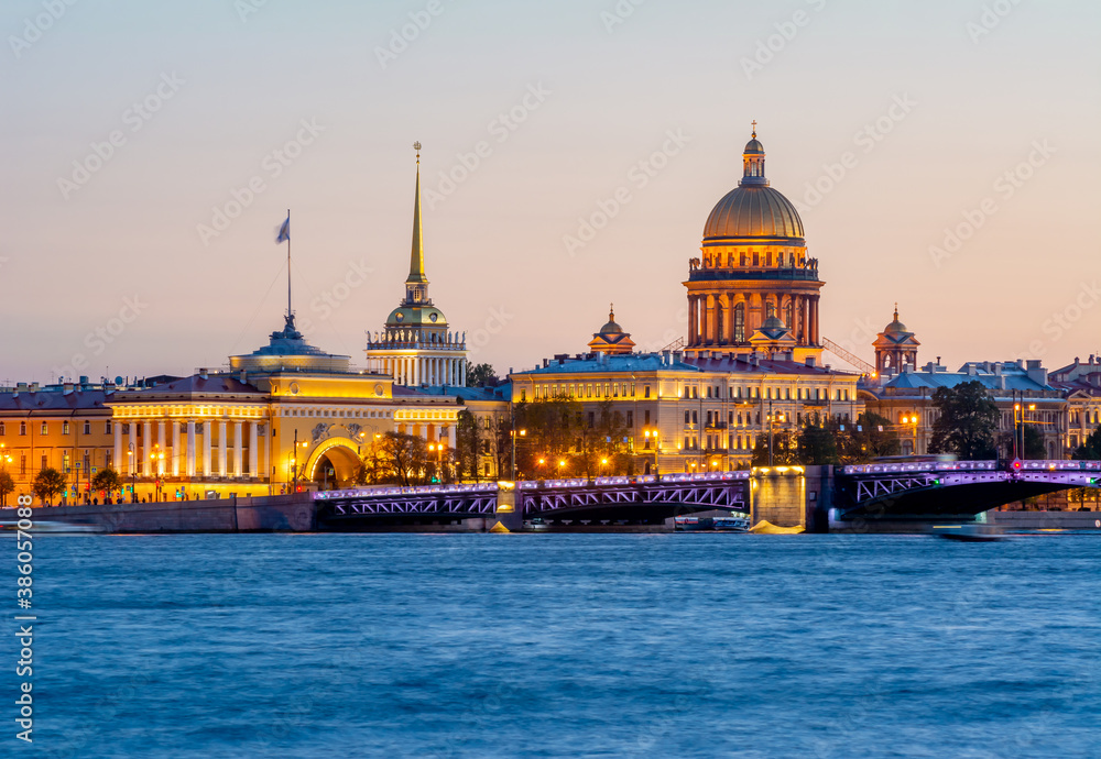 Saint Petersburg cityscape with St. Isaac's cathedral, Admiralty building and Palace bridge at sunset, Russia