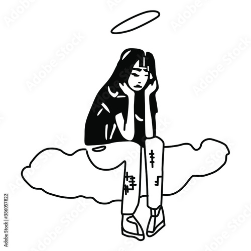 Sad saint girl sitting on cloud. Hand drawn sketch. Black and white illustration.
