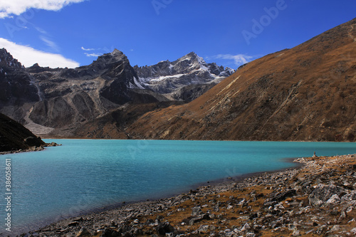 Gokyo blue mountain lake with Renjo La Pass visible near Gokyo Village, Sagarmatha Khumbu Region, Nepal Himalaya