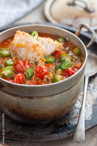 Homemade Fish Stew with Tomatoes and Okra. Cajun-Style Fish Gumbo
