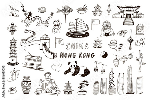 China Hong Kong hand drawn objects vector line illustrations set