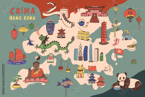 China Hong Kong hand drawn vector map print