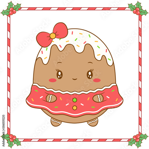 Merry Christmas cute coloring ginger cookie girl drawing with cute dress and red bow