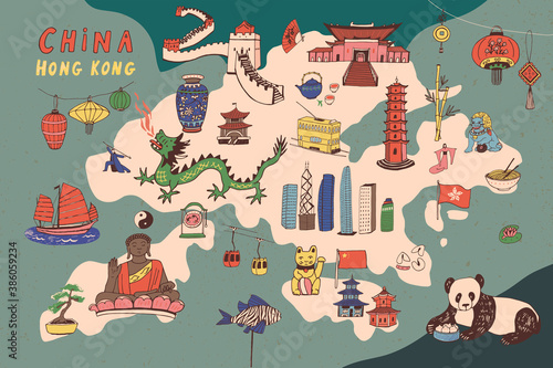China Hong Kong hand drawn vector map print