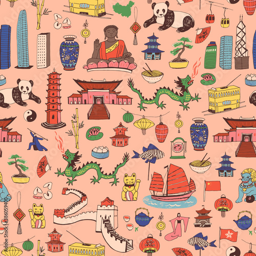 China Hong Kong hand drawn objects seamless vector pattern