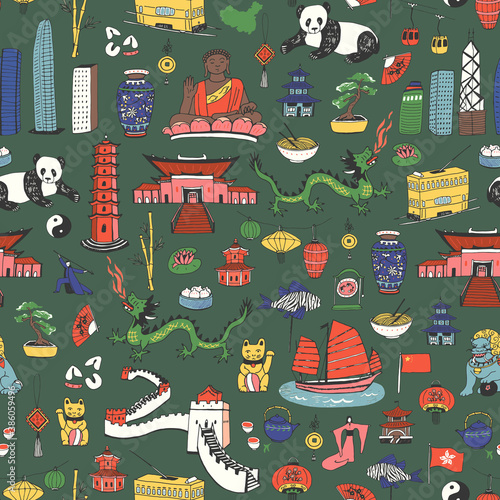 China Hong Kong hand drawn objects seamless vector pattern