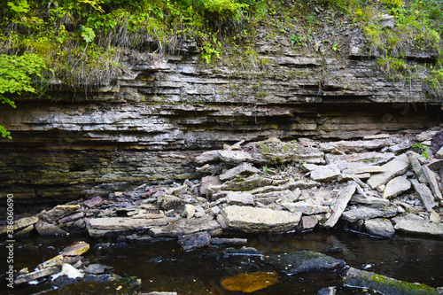 Limestones of the Ordovician period. Layers of ancient sedimentary rocks. Petrified animals in the thickness. Bank of the river "Lava", Russia.